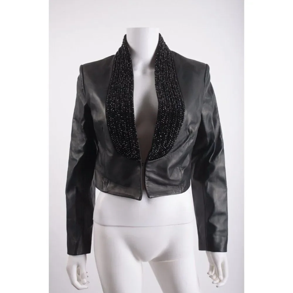 Massimo Dutti Studio Womens Black Leather Beaded Jacket Blazer M 9503/951 $299
